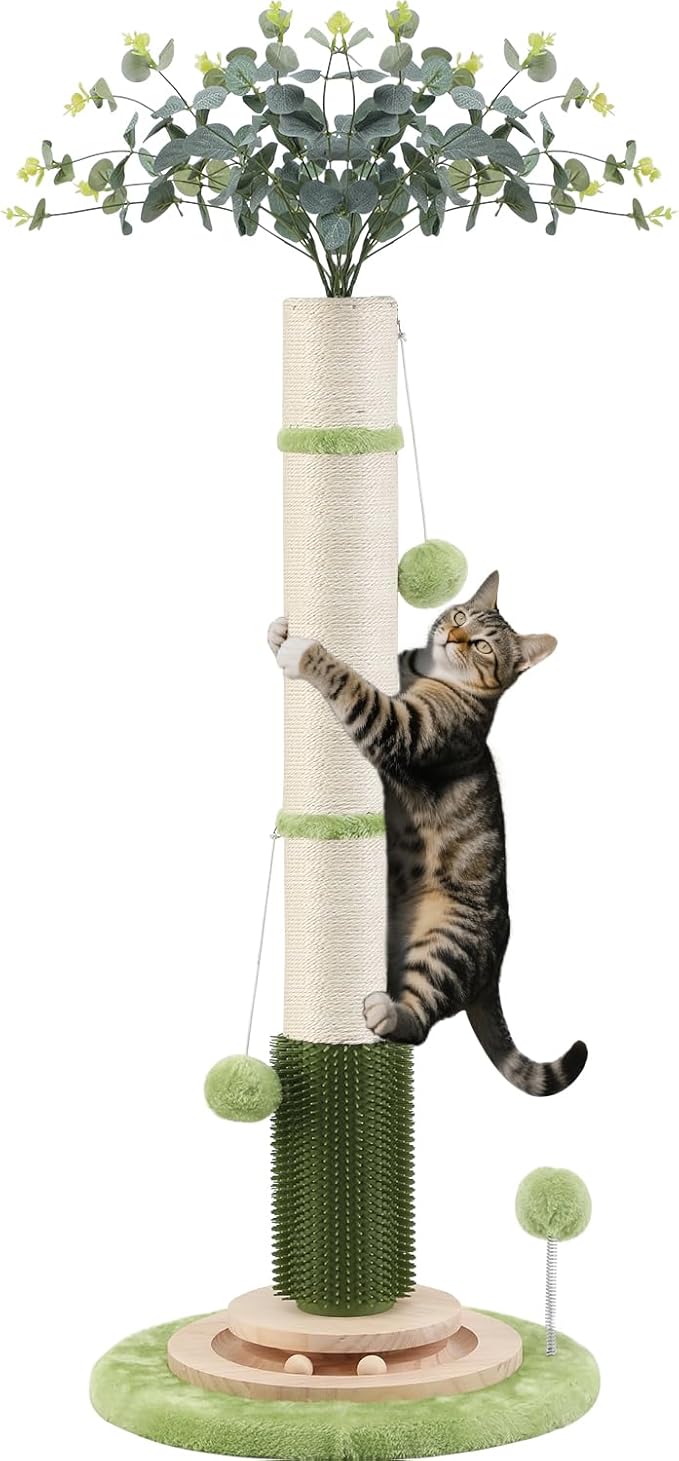 45'' Extra Tall Cat Scratching Post for Large Cats,3.5Inch Natural Sisal Scratcher with Solid Wood Base,Stable Cat Scratch Post with Interactive Toy,Self Groomer,Climbing Pole for Full Body Stretching