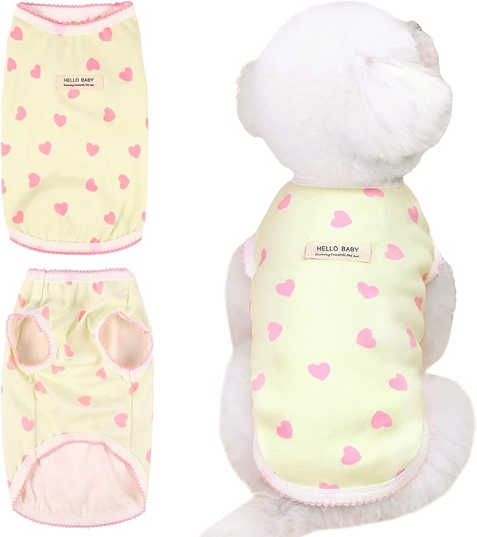 Pet Clothes for Small Dogs Cat Summer Pullover T-Shirt with Heart Printed Elastic Sleeveless Shirts Cute Puppy Tank Top Chihuahua Shih Tzu Yorkie Vest Cat Apparel Outfit (Yellow, Small（2.8-4.4lb）)