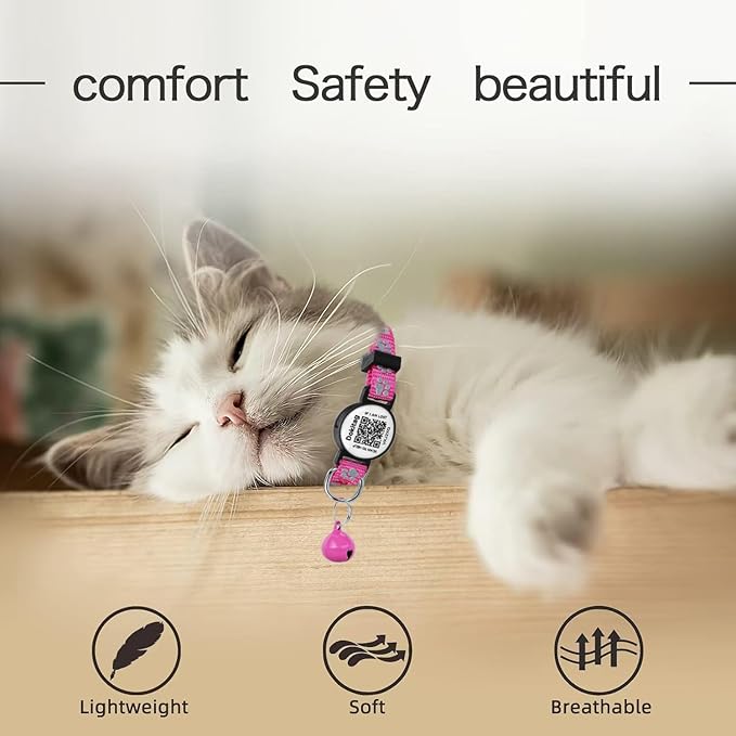 Reflective Cat Collar with QR Code Name Tag,Breakaway Cat Collars with Pet Id Tag and Bells,Scan QR Receive Instant Pet Location Alert Email 2pack (Pink&Black)