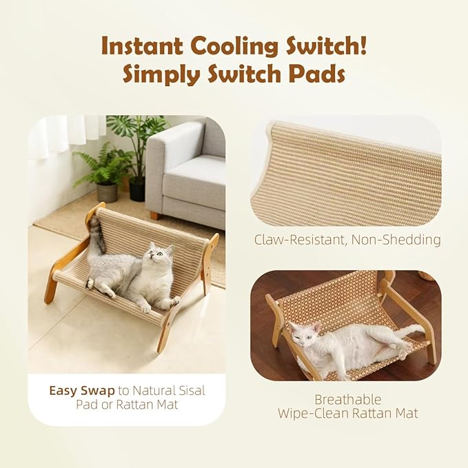 3-in-1 Elevated Cat Couch Bed for Indoor Cats– Wooden Pet Sofa with Removable Plush Cover, Sisal Scratcher & Rattan Mat – Raised Kitty Lounge Chair for Indoor Cats and Small Dogs