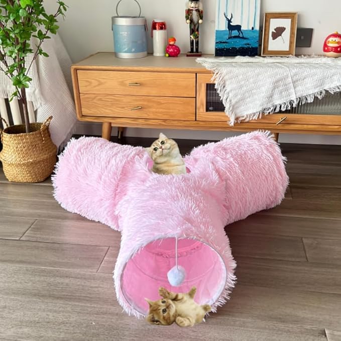 Cat Tunnel Tube Toy Collapsible 3 Way Pink Plush, Pet Tunnels for Indoor Cats, Play Tubes with Hanging Ball Perfect for Kitten, Puppy, Rabbit, Interactive Toys for Fun Playtime & Exercise
