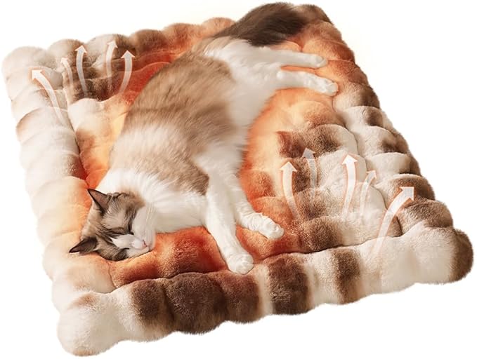 SOMAHE Cat Bed, Plush Faux Fur Kneading Flat Mat - Machine Washable Fluffy Pet Bed for Indoor Cats, Non-Slip Small Kitten Bed, Therapeutic Knead Cat Mat for Couch & Window Sill, 23"×15" Inch,Brown