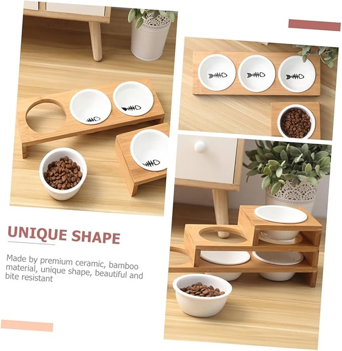 Elevated Frame Cat Food Bowl Set with 3 Ceramic Bowls for Cats and Dogs Multi-Function Pet Feeding and Watering Dish Wear-Resistant for Indoor and Outdoor Use