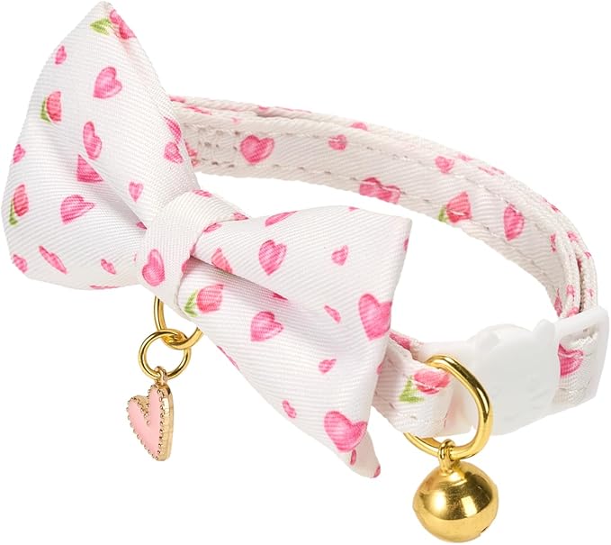 2 Pack Cat Collars, Removable Bowtie, Pink Heart Pattern, Safety Breakaway Clasp, Adjustable for Cats.(Adult Cat, Pink Strawberry and White Heart)