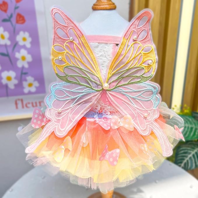 Cat Princess Dress for Small Cats with Necklace, Dogs Lace Wedding Tutu Puppy Butterfly Skirt for Pup Birthday Party