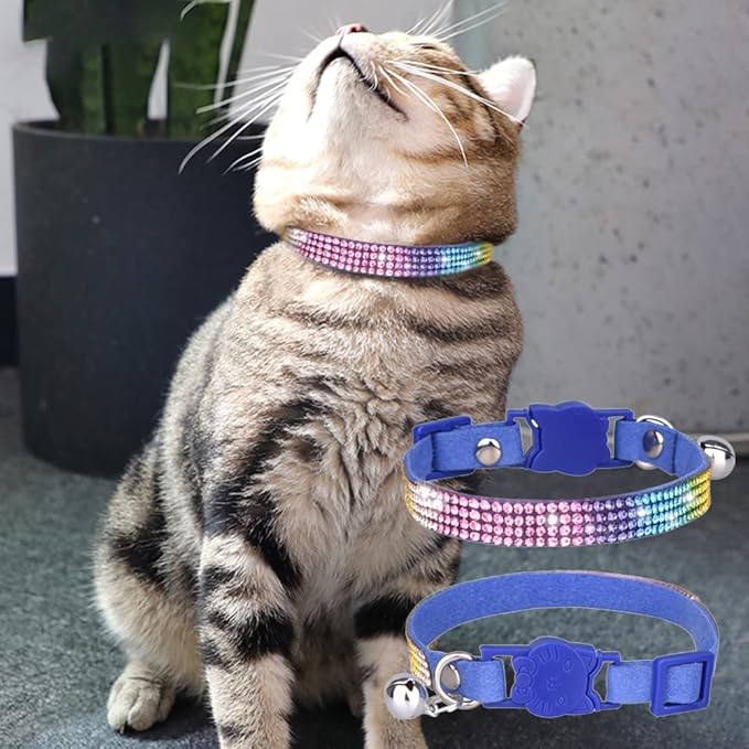 CHUKCHI Cat Collar Breakaway Bling Diamond Rhinestone with Bell Adjustable for Cats and Kitten Girl boy (Blue)