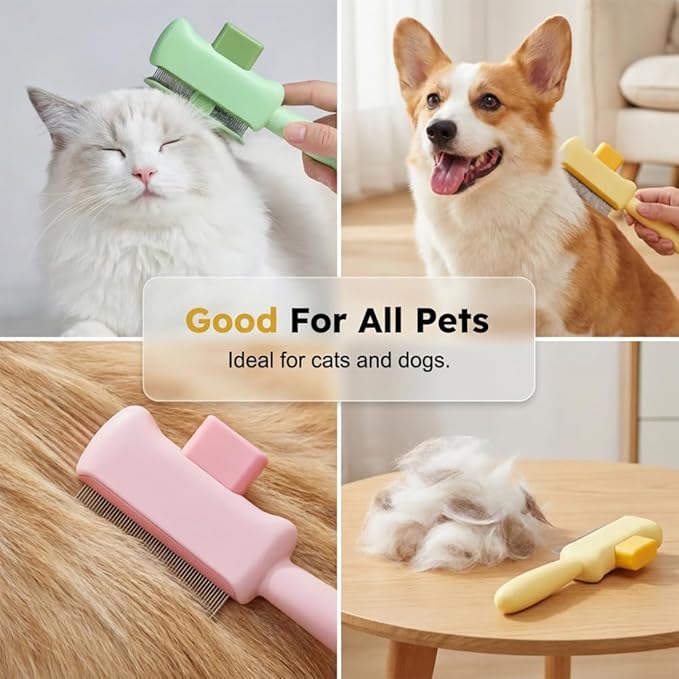 Cat Self Cleaning Pet Hair Removal Comb, Cat Grooming Brush With Long Short Stainless Steel Metal Teeth, Pet Grooming Brush For Home, Portable Cat And Dog Grooming Comb For Travel (Green)