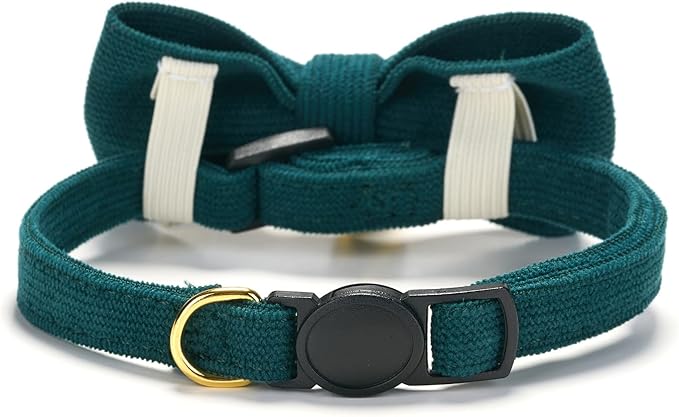 2 Pack Soft Corduroy Cat Collars with Bow Tie & Bell, Adjustable Breakaway Cotton Kitty Bowtie Collar for Boy Male Cats(Black & Green)