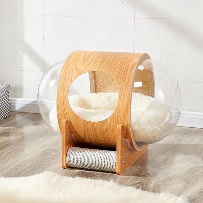 Space Capsule Cat House: Bed with Scratching Post & Removable Cushion - Cats Nest & Kennel Wooden Furniture - Large & Small Cats Indoor