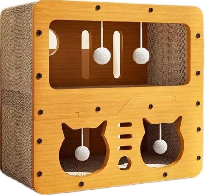 Wooden Cat House for Indoor Cats – Durable Cardboard & Wood Cat Bed Box, Cozy Hideaway Pet Nest for Sleeping & Lounging