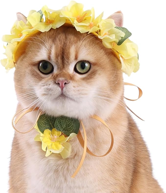 Yellow Floral Pet Crown for Cats and Rabbit, Adjustable Flower Headpiece with Ribbon Tie, Silk Flowers, 3D Surround Design