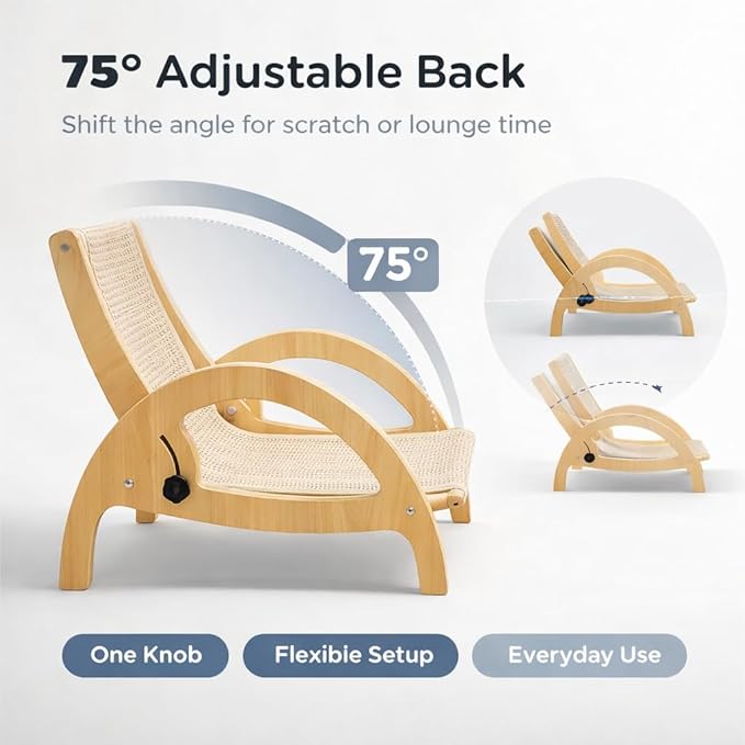 Adjustable Sisal Cat Scratcher Lounge Chair, Wooden Reclining Lounger Bed with Elevated Scratch-and-Rest Design for Indoor Cats, Natural Finish