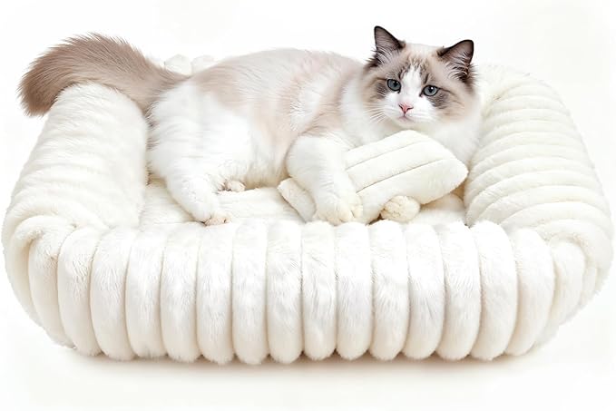 Cat Beds for Indoor Cats, Square Self Warming Cat Bed Orthopedic Pet Bed with Pillow Super Soft Rabbit Fur Small Dog Beds, Calming Plush Kitten Bed with Removable Washable Cover & Anti-Slip Bottom