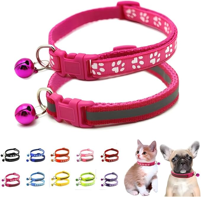 Puppy Collar with Bell, 2-Pack Basic & Reflective Cat Collar with Bells for XXS Xs Small Pet Dogs Boy Tiny Kitten Male Animal, Neck 7-12 inch (Rose)