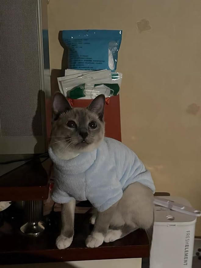 Sphynx Cat Clothes Winter Turtleneck Soft Coral Fleece Cat Clothes Thicken Warm Pajamas Coat for Hairless Cats and Small Cat Apparel with Sleeves (Light Blue, XXL（12.7-16lbs）)