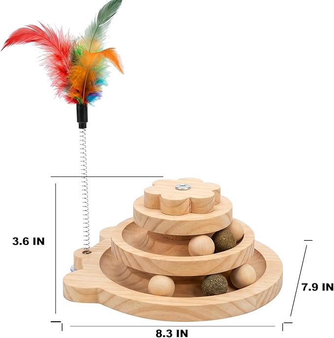 Interactive Wooden Cat Toy with Catnip Balls & Spring Feather Wand, 3-Tier Pine Wood Track Ball Tower for Indoor Cats, Kitten Mental Stimulation & Exercise Play Set