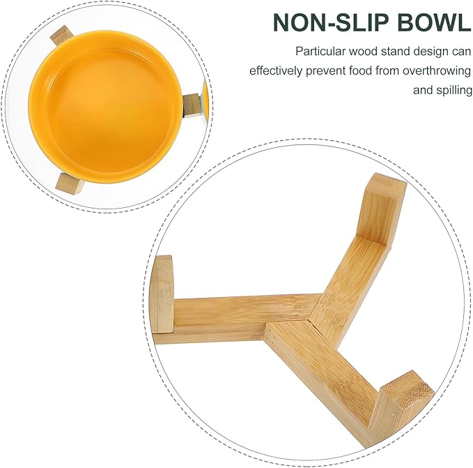 UPKOCH Ceramic Cat Bowl with Wood Stand, Dual Raised Pet Feeding Bowls, Matte Blue and Yellow Small Size, Indoor Cat Accessory for Feeding and Watering
