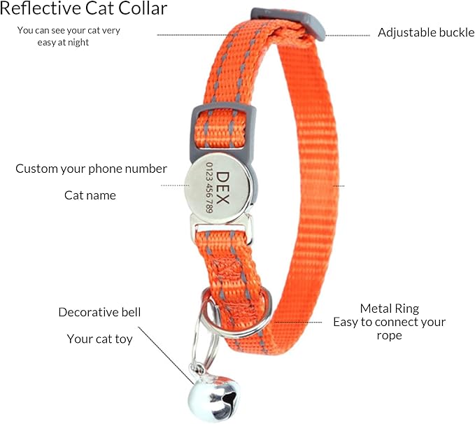 Custom Reflective Cat Collar, Personalized Engraved Pet Collar with Name and Phone Number, Breakaway Cat Collar with Safety Release Buckle and Bell, 8-12 inch Adjustable for Cats/Kittens