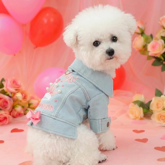 Denim Dog Jacket for Small Dogs & Cats, “Daddy’s Princess” Embroidered Pet Coat with Pearls & Bow, Light Blue Jean Outfit with D-Ring, Cute Apparel for Walks, Photos, Parties & Holidays(L)