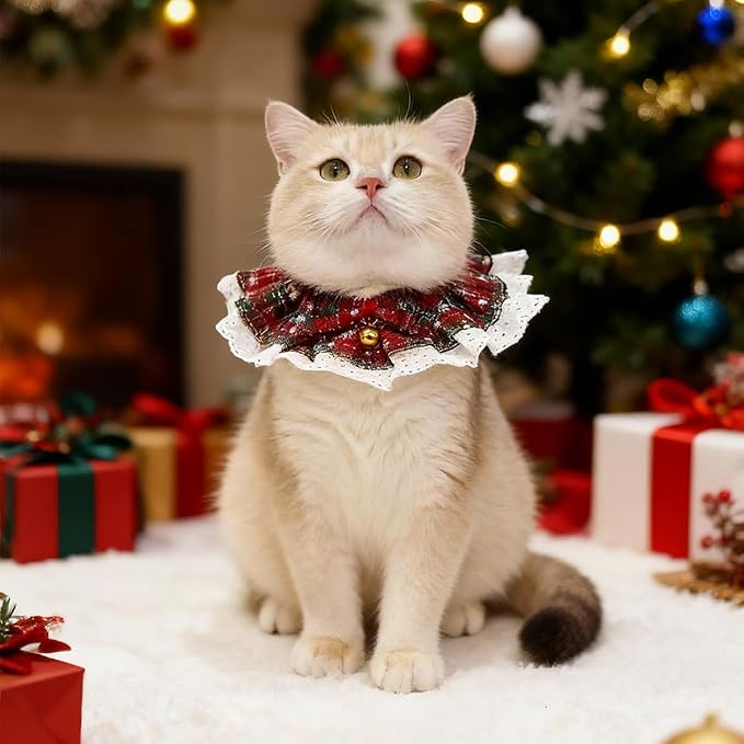 Dog Christmas Outfit – Holiday Dog Bandana with Bells, Plaid Scarf for Small Dogs & Cats, Cute Cat Christmas Outfit for Winter Parties & Photos (S)