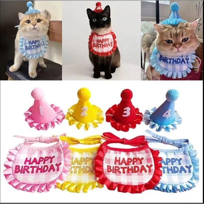 Pet Party Outfit – Cute Hat and Ruffled Bandana Set with Number Patches – 3-Piece Birthday Costume for Kitten, Puppy, Cat or Small Dog – Gift and Celebration Accessory (Red)