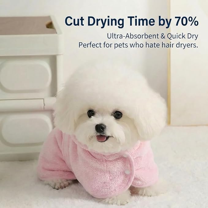 Dog Bathrobe Super Absorbent Towel for Small Dogs Cats Fast Drying Dog Robe Coat with Hood Puppy Cat Bath Towel Wrap Pet Grooming Supplies After Shower (Light Pink,S)