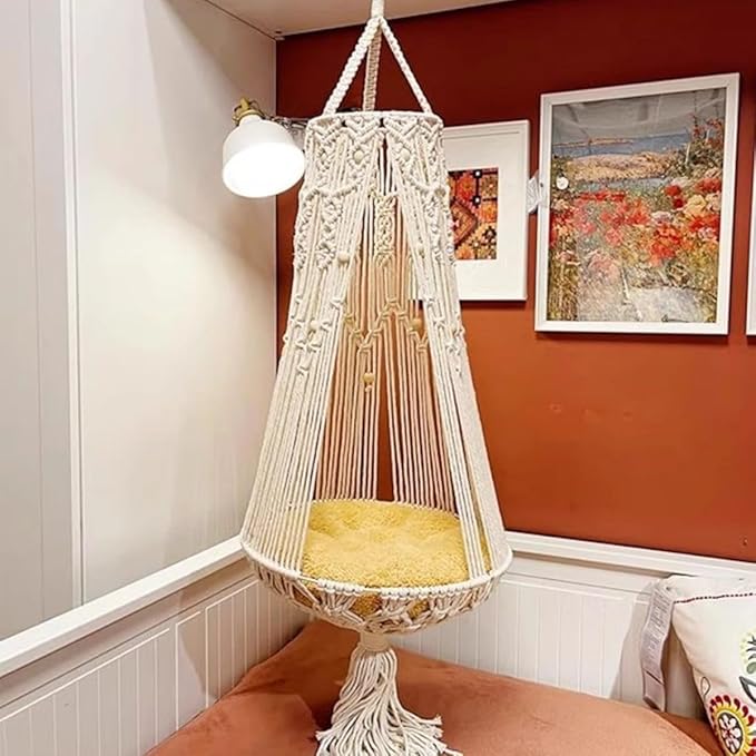 Hanging Cat Bed with Cushion - Macrame Hammock for Indoor Outdoor Home Decor, Boho Swing Cat Wall Furniture for Sleeping, Playing and Lounging