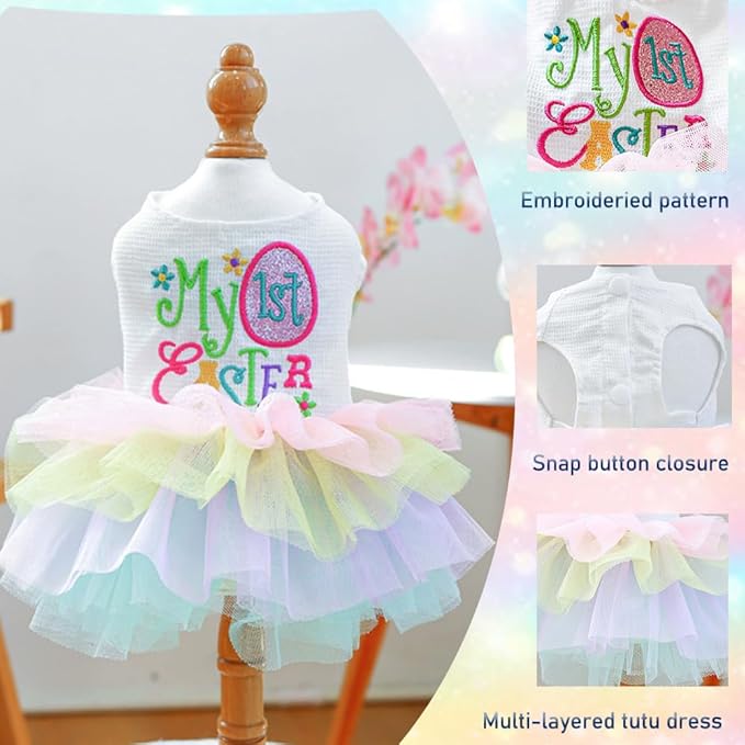ANIAC Happy 1st Easter Dog Dress Girl Holiday Puppy Clothes for Small Dog Easter Cat Outfit Eggs Print Rainbow Doggy Princess Tutu Dress Pet Clothing (Medium)