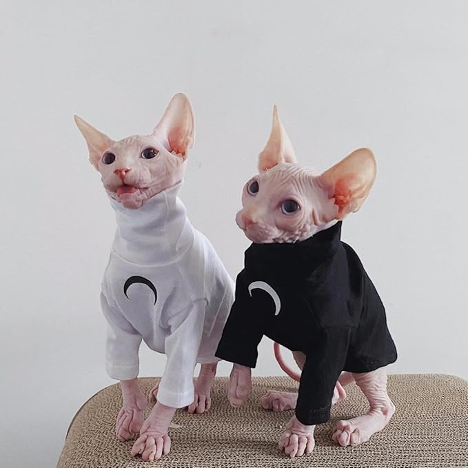 Sphynx Cat Clothes, Moon Print Turtleneck Cotton T-Shirt for Devon Rex Sphynx Cats (Black Long Sleeve, X-Large)