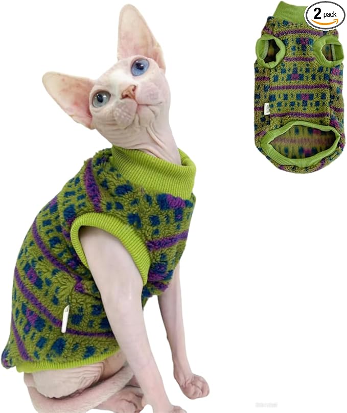 Sphynx Cat Winter Sweater, Warm Soft Fluffy Pet Clothes, for Hairless Cats, Cornish Rex, Devon Rex (Green, S (2.5-3.5 lbs))