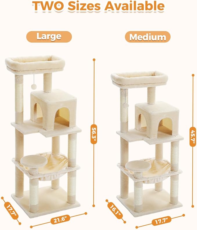 MUTTROS Cat Tree for Large Cats Adult with Metal Plush Big Hammock, 56.3" Cat Tower with 2 Door Condo House, 6-Tier Cat Shelves with Scratching Posts and Large Top Perch, Beige