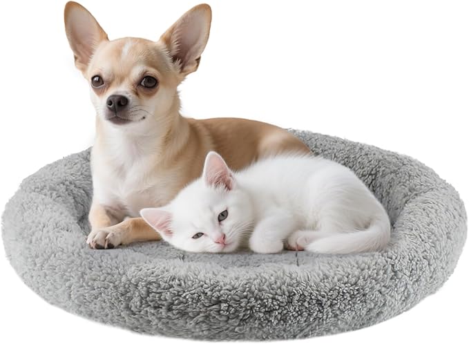 Cat Bed Mat 19.5" Round Pad with Pillow Around, Warm Plush Cushion for Small to Medium Dogs Cats Sleep/Nap, Neck Protection Mattress, Non-Slip Washable, Large