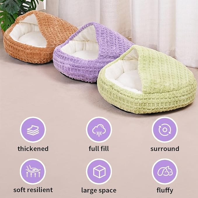 Plush Cat Bed Hooded Semi Enclosed Shell Shaped Pet Nest Cozy Warming Anti-Slip Small Dog Bed for Puppy and Kitten
