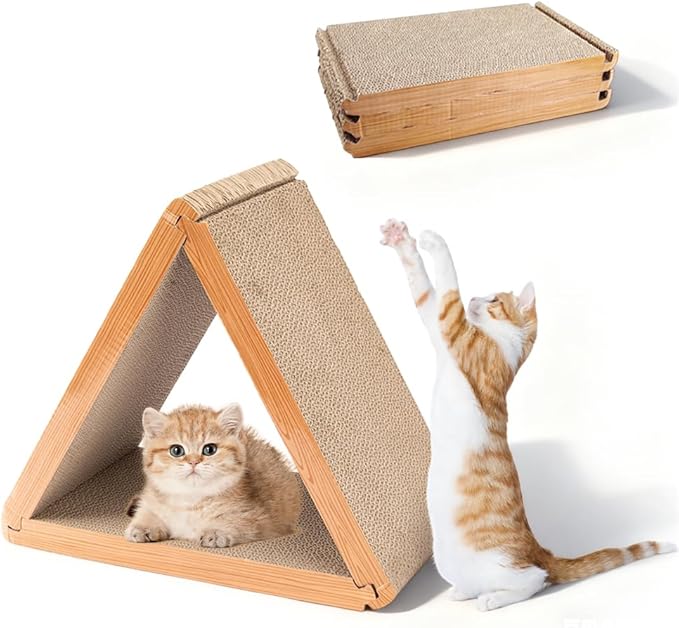 3 Pack Cardboard Cat Scratcher Pad, 6-Sided Buildable Triangle Cat House, Durable Scratching Board Furniture Protector for Indoor Cats