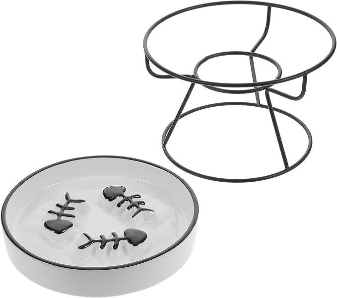 Tofficu Ceramic Elevated Cat and Small Dog Slow Feeder Bowl with High Stand, Raised Non-tip Feeding Dish for Spine Protection, Black Three-Fish Design Suitable for Indoor Pets