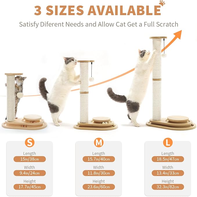 Made4Pets Cat Scratching Post Cat Scratcher Kitten Toys for Indoor Cats Wooden Ball Track Two-Layer Modern Sisal 23.4" Tall Scratch Post Interactive Toy with Dangling Ball Middle Size