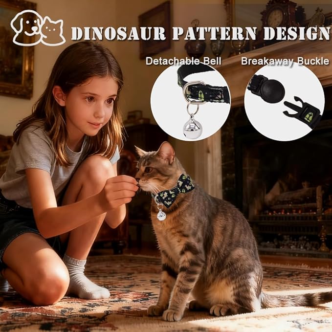 3 Pack Dinosaur Cat Collars with Bell Breakaway Safety Collar for Indoor Outdoor Cats - Soft Adjustable Cotton Kitten Collars with Cute Dino Design in Black, Navy, White