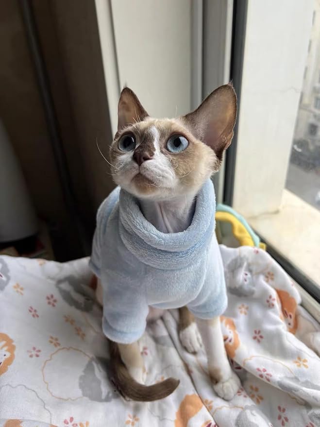 Sphynx Cat Clothes Winter Turtleneck Soft Coral Fleece Cat Clothes Thicken Warm Pajamas Coat for Hairless Cats and Small Cat Apparel with Sleeves (Light Blue, XL (9.3-12.7lbs)
