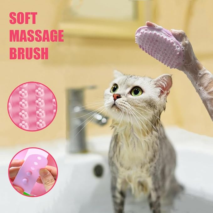 Cat Bath Towel 3pcs Grooming Brush Kit - Shedding Brush for Long-Haired Cats, Indoor Cats with Flea Comb, Pink