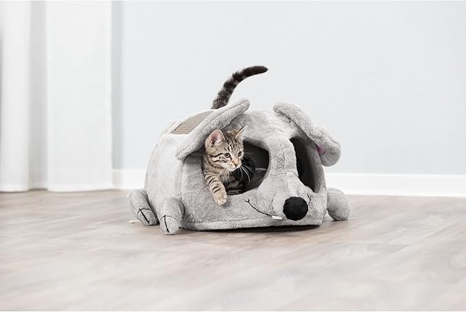 TRIXIE Lukas Cuddly Cave in Gray - Mouse-Shaped Cat Hideaway with Sisal Scratching Surface, Crinkle Ears & Interactive Cat Toys for Indoor Cats – Plush Condo, Removable Cush. 13.8" × 25.6" × 13", Gray