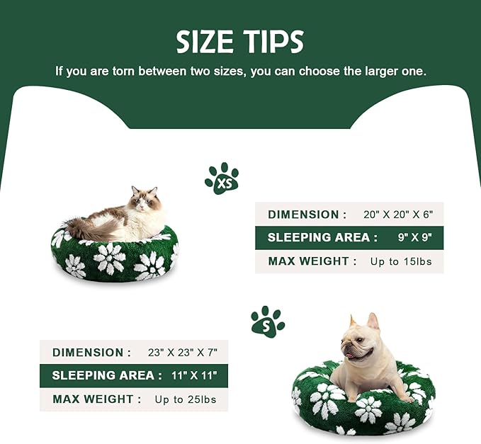 Donut Dog Beds for Small Dogs, Calming Round Cat Beds for Indoor Cats, Cute 3D Textured Flower Pet Bed with Removable Washable Cover and Anti-Slip Bottom（Green，20"）
