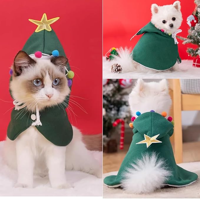 ANIAC Pet Dog Christmas Costume Puppy Cloak with Star and Pompoms Cat Santa Cape with Hat Winter Dog Outfit for Cats and Small Dogs (Small, Green)