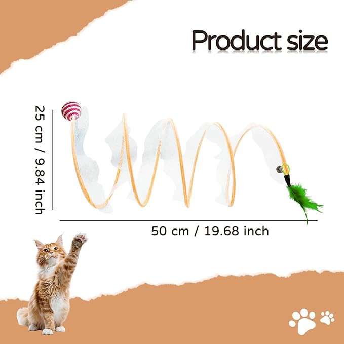 Andiker Cat Tunnel Toy, 10inch Collapsible Metal Cat Spring Toy with Nylon Mesh, Feather, Mouse, and Bell, Interactive Cat Toys for Indoor Cats to Scratch, Puzzle, Relax and Kill Time (Ball)
