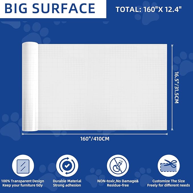 TOOSOFt Anti Cat Scratch Furniture Protector Clear Thicken Vinyl 160"x12.4" Couch Protector from Cat Claws - Single Sided Sticky Flexible Dog Tape for Furniture, for Couch Corner Door Walls Bed