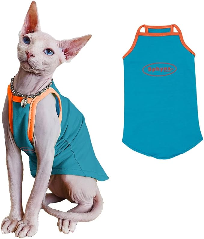 Sphynx Cat Shirt, Breathable Stretchy Cat Summer Vest, Soft Hairless Cats Shirt, Sleeveless Tanktop for Cats Only (Blue, S (2-3.5lbs))