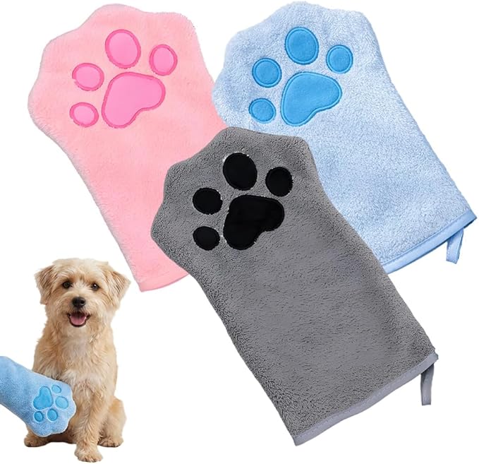 SENOY Paw Bathing Towel for Cats, Washable Reusable Coral Fleece Pet Drying Glove, Quick-Absorbent Cat Bathing Supplies with Hanging Loop, Soft Grooming Towel for Dogs & Cats (Mix-3pcs)