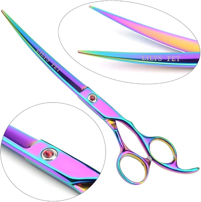 Professional PET DOG Grooming Coated Titanium scissors suit Cutting&Curved&Thinning shears (7.5 inches, Rainbow)…