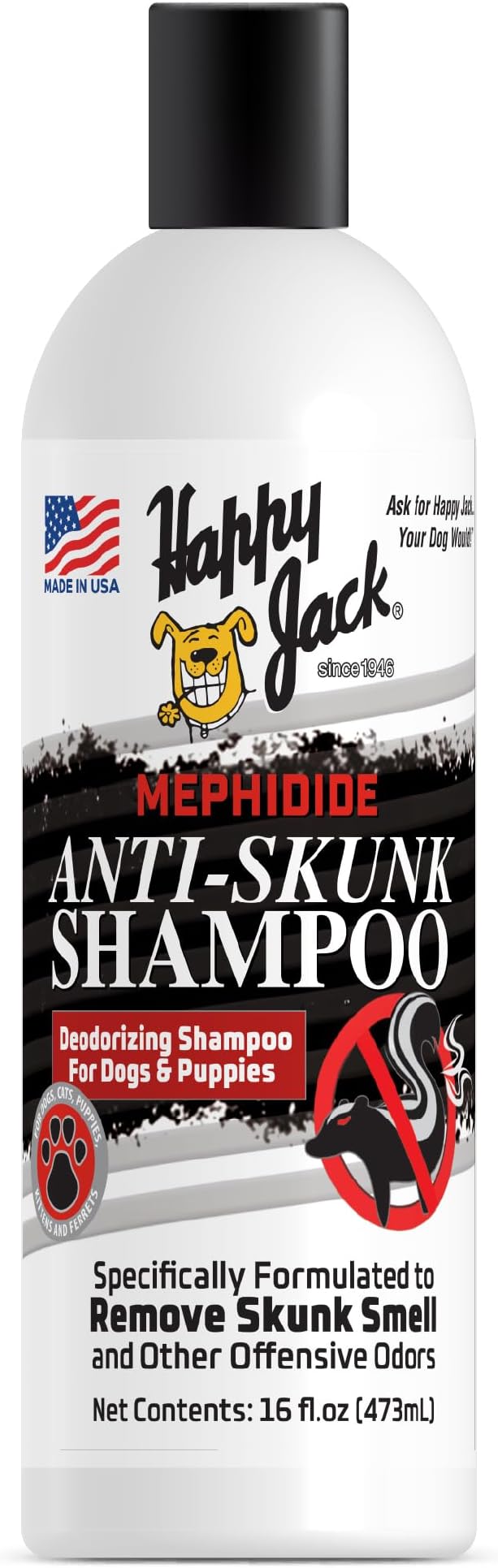 HAPPY JACK Mephidide Anti-Skunk Shampoo for Dogs & Cats Powerful Pet Odor Eliminator for Skunk Smell Removal Deodorizing Grooming Shampoo Safe for Coat & Sensitive Skin for Home Use (16 oz)