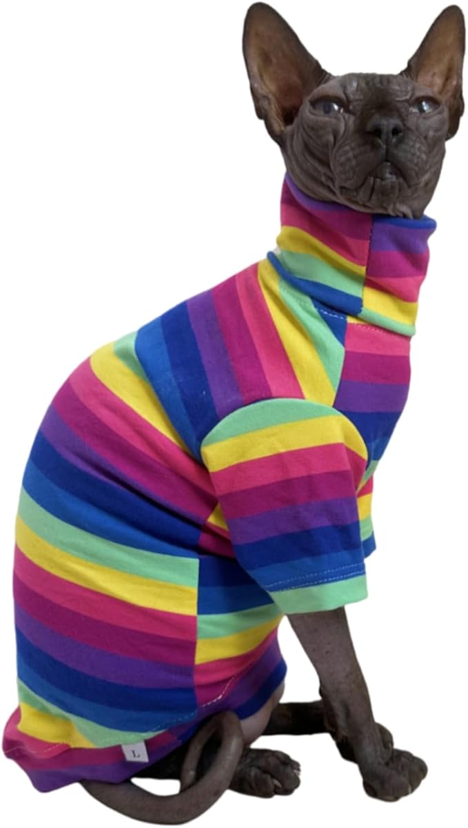 Vintage Stripes Sphynx Hairless Cats Shirt Cotton Cat Turtleneck Pet Clothes Kitten T-Shirts with Sleeves for Sphynx Cornish Rex, Devon Rex, Peterbald (Rainbow Stripe, X-Small (Pack of 1))