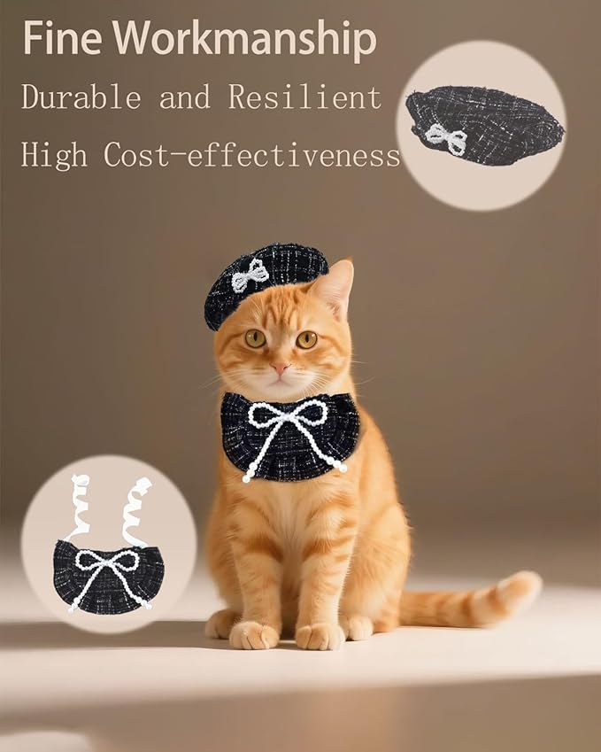 2Pcs Pet Beret Hat with Lace Bow, Adjustable Scarf Set Pet Princess Costume for Halloween Christmas, Cat Dog Birthday Party Apparel (Pink Lace)